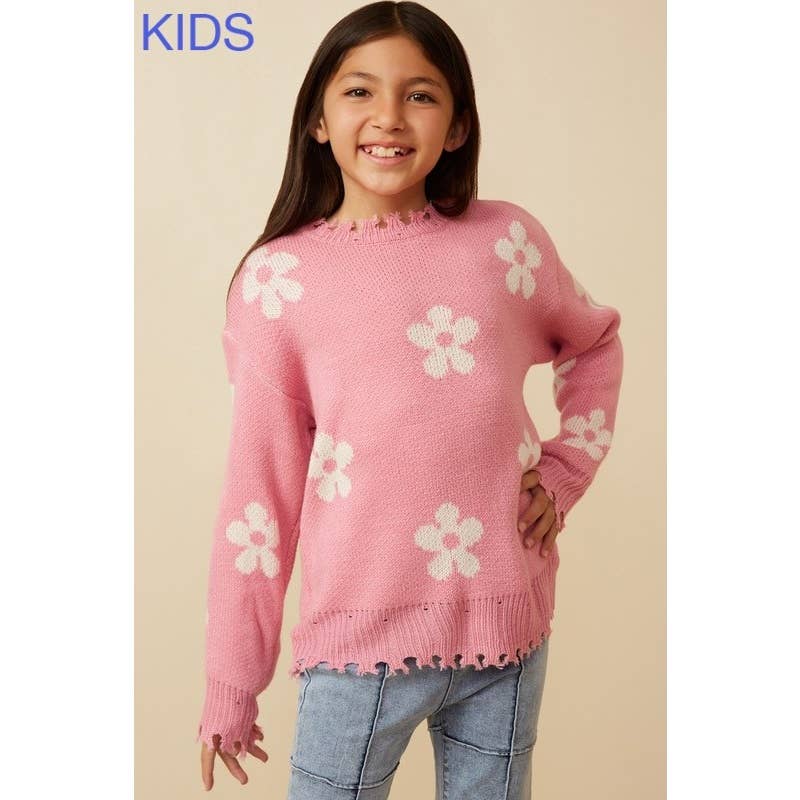 Girls Distressed Floral Patterned Pullover Sweater