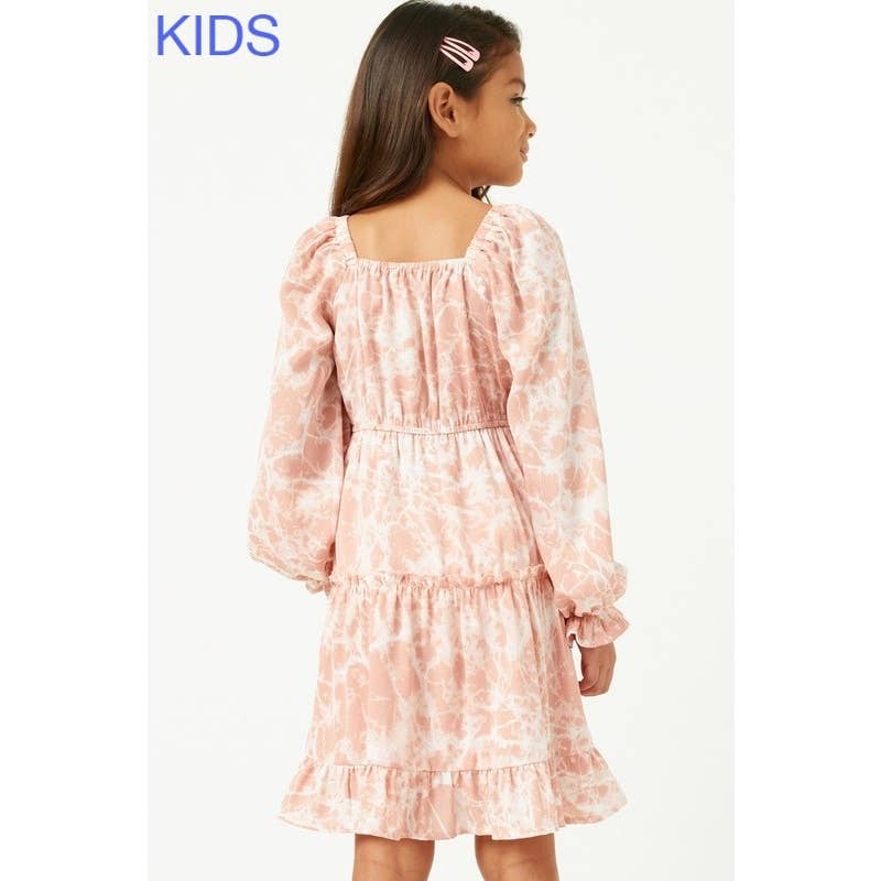 Girls Marble Tie Dye Long Sleeve Ruffled Dress