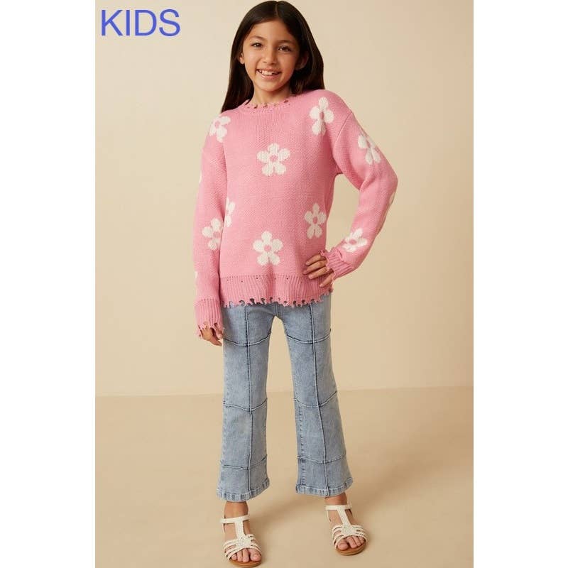 Girls Distressed Floral Patterned Pullover Sweater