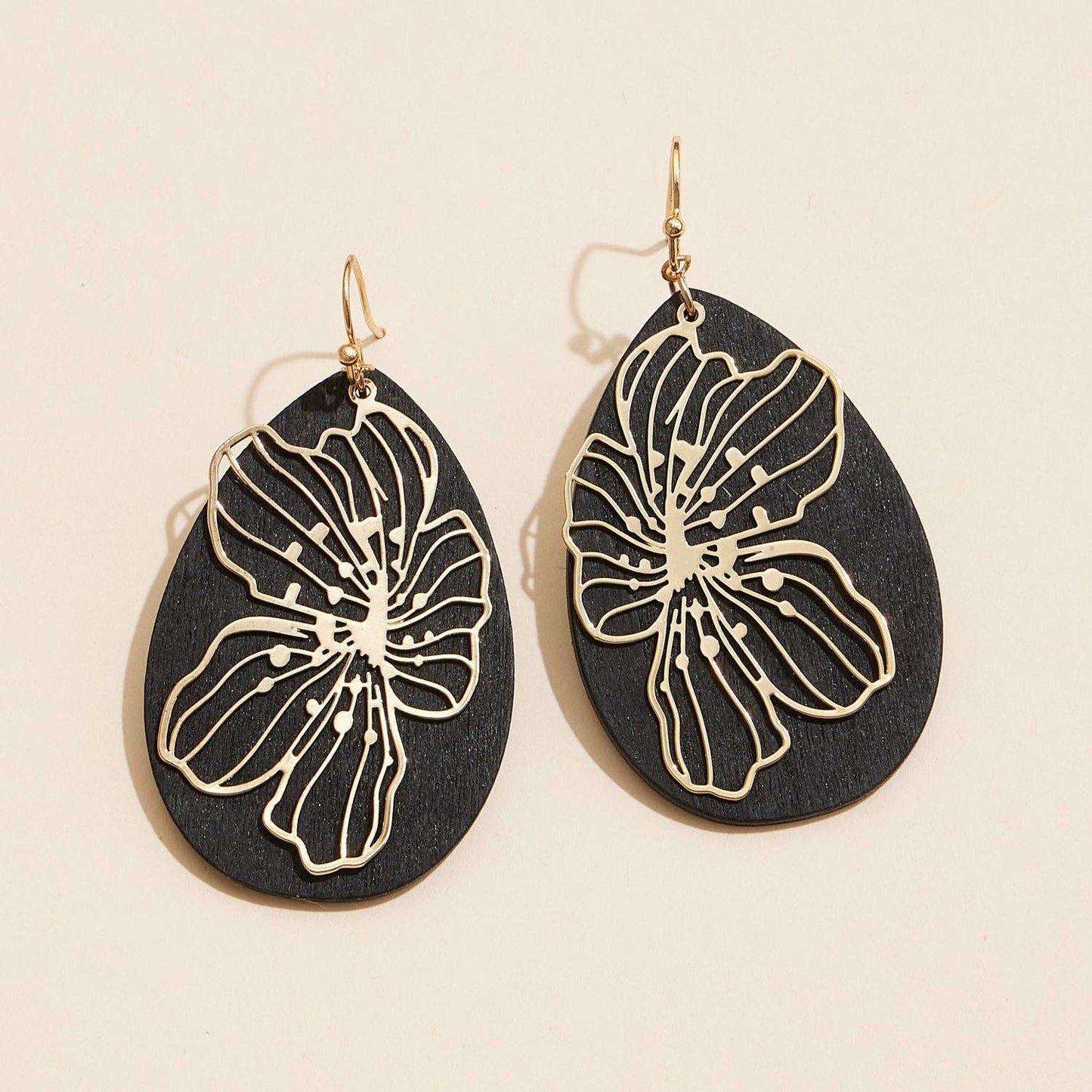 Wood Metal Filigree Oval Dangling Earrings