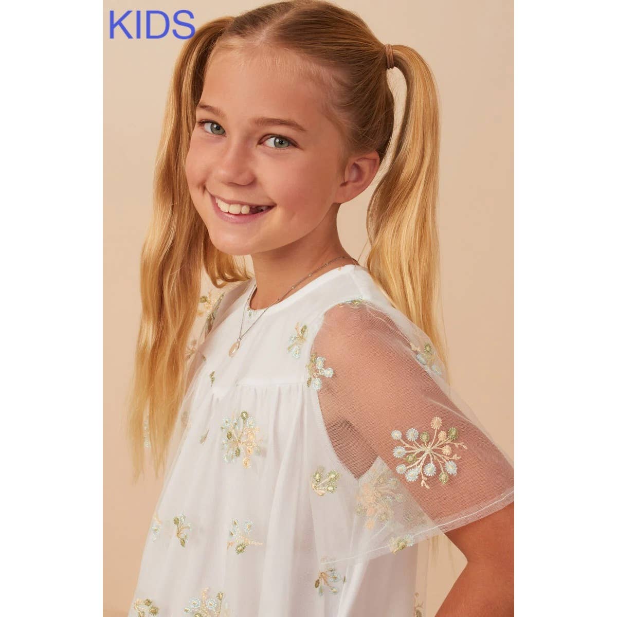 Girls Floral Embroidered Mesh Midi Dress