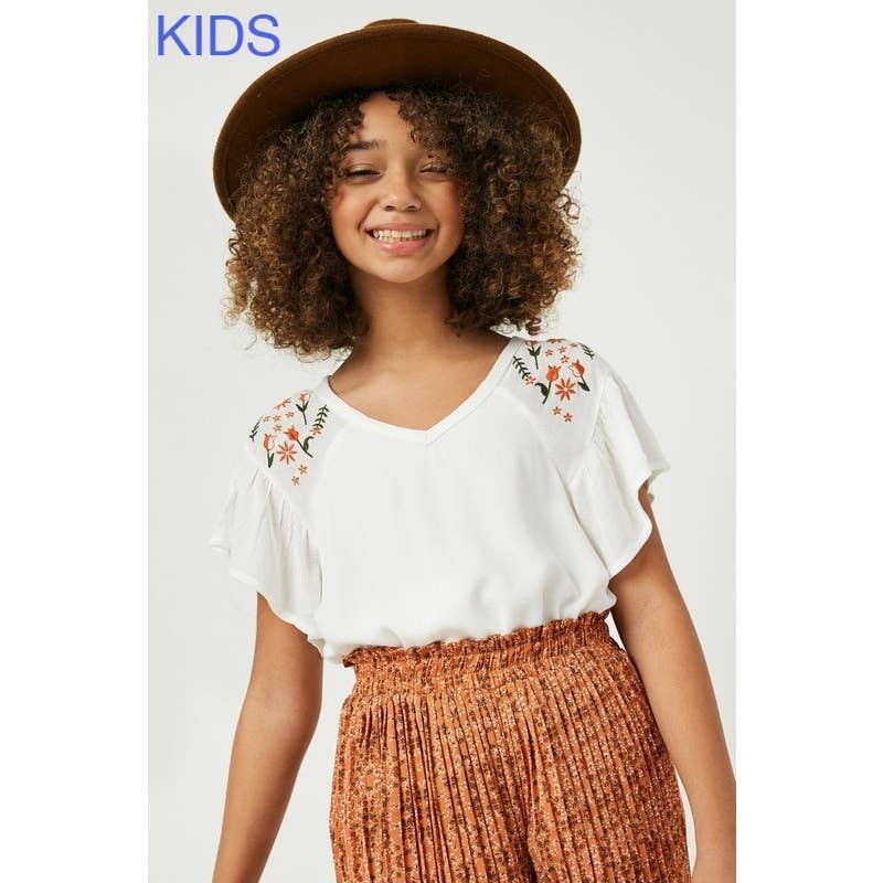 Girls Embroidered Flutter Sleeve Top