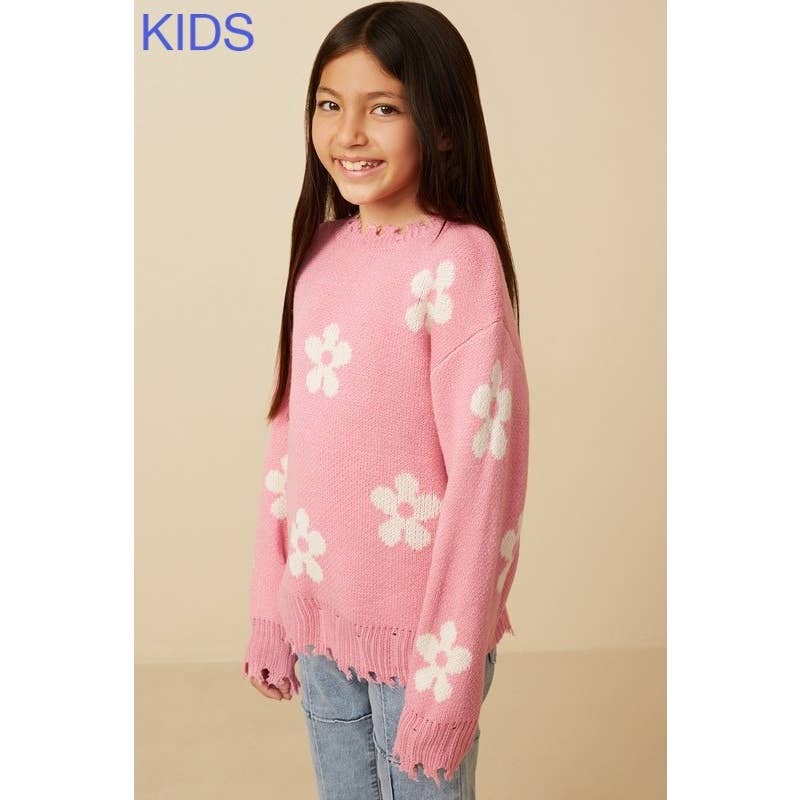 Girls Distressed Floral Patterned Pullover Sweater