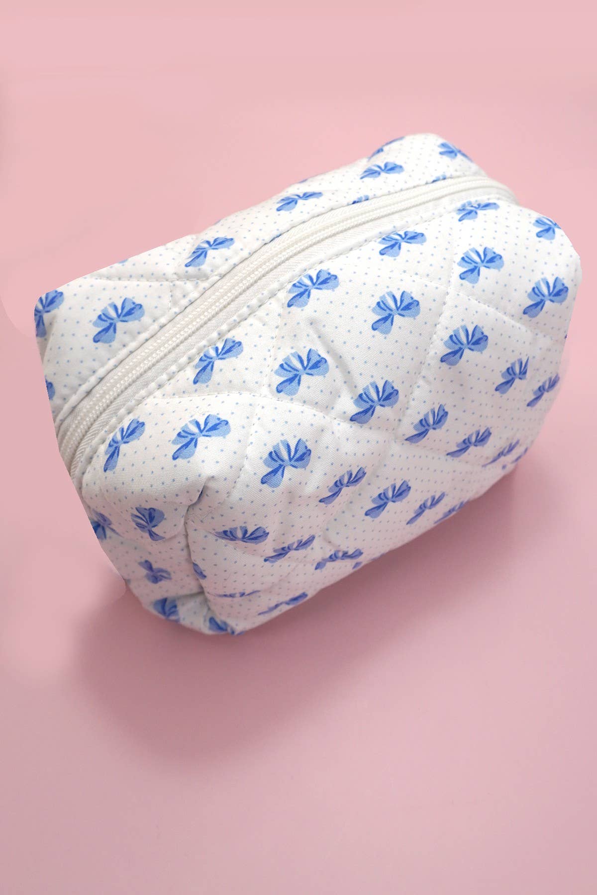 QUILTED COTTON BOW COSMETIC POUCH BAG