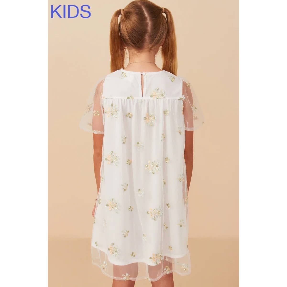 Girls Floral Embroidered Mesh Midi Dress