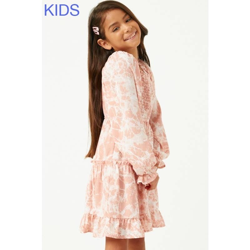 Girls Marble Tie Dye Long Sleeve Ruffled Dress