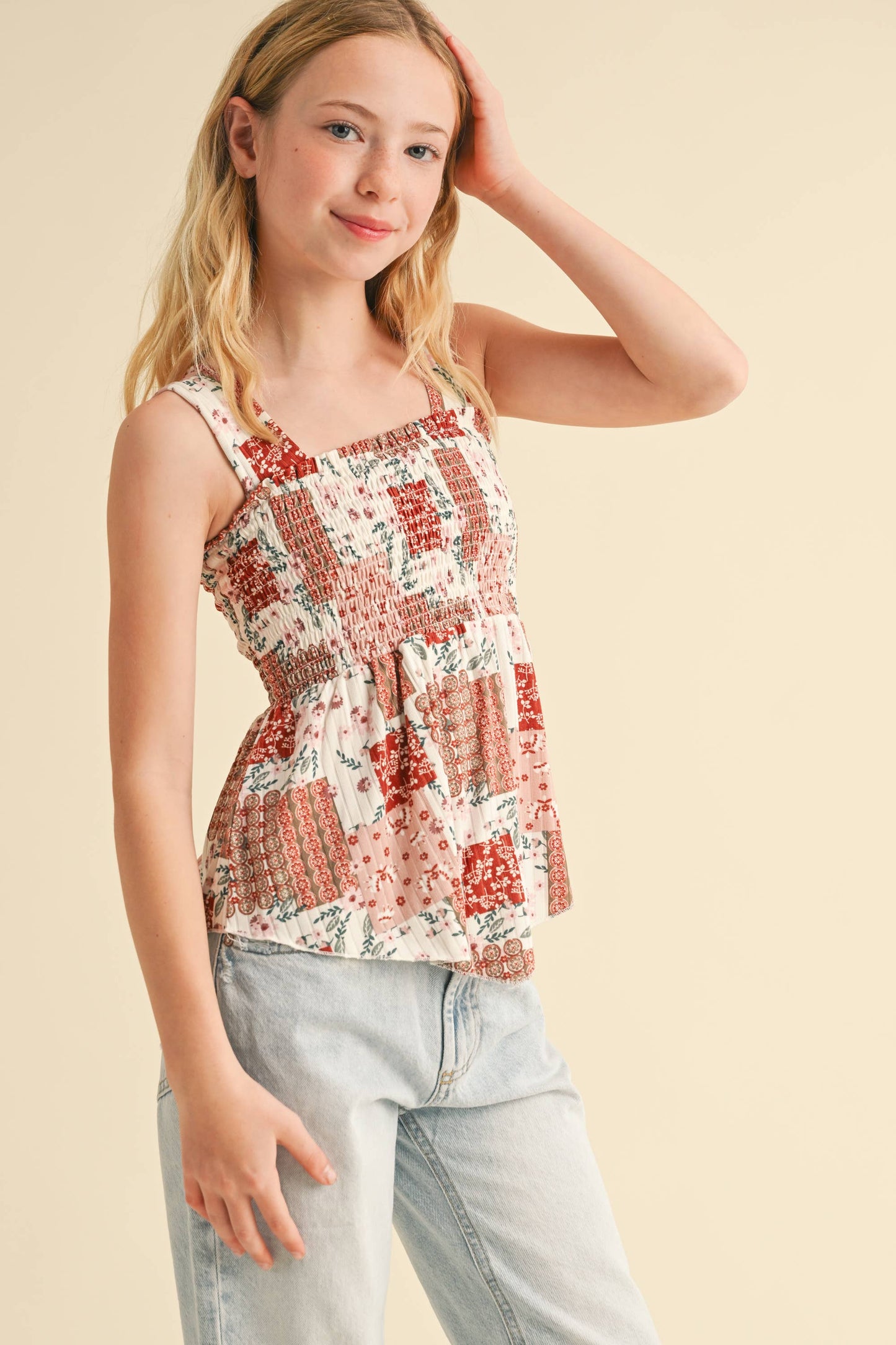 TWEEN GIRLS KIDS WIDE STRAP PEPLUM TANK WITH SMOCKED