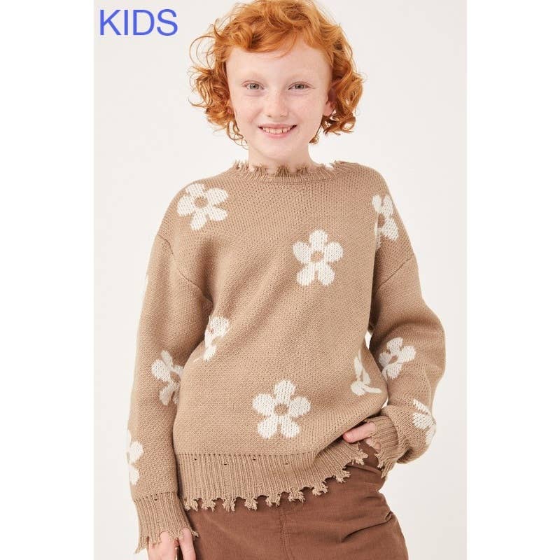 Girls Distressed Floral Patterned Pullover Sweater