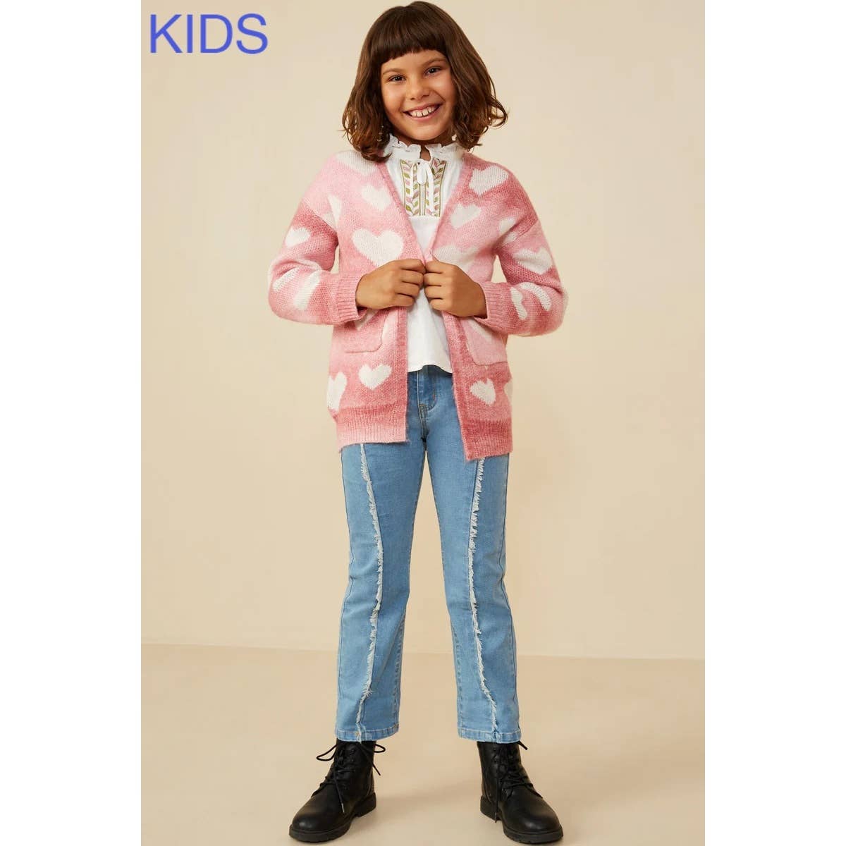 Girls Heart Knit Patch Pocket Sweater Cardigan