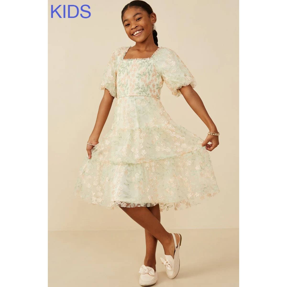 Girls Smocked Floral Mesh Lace Tiered Dress