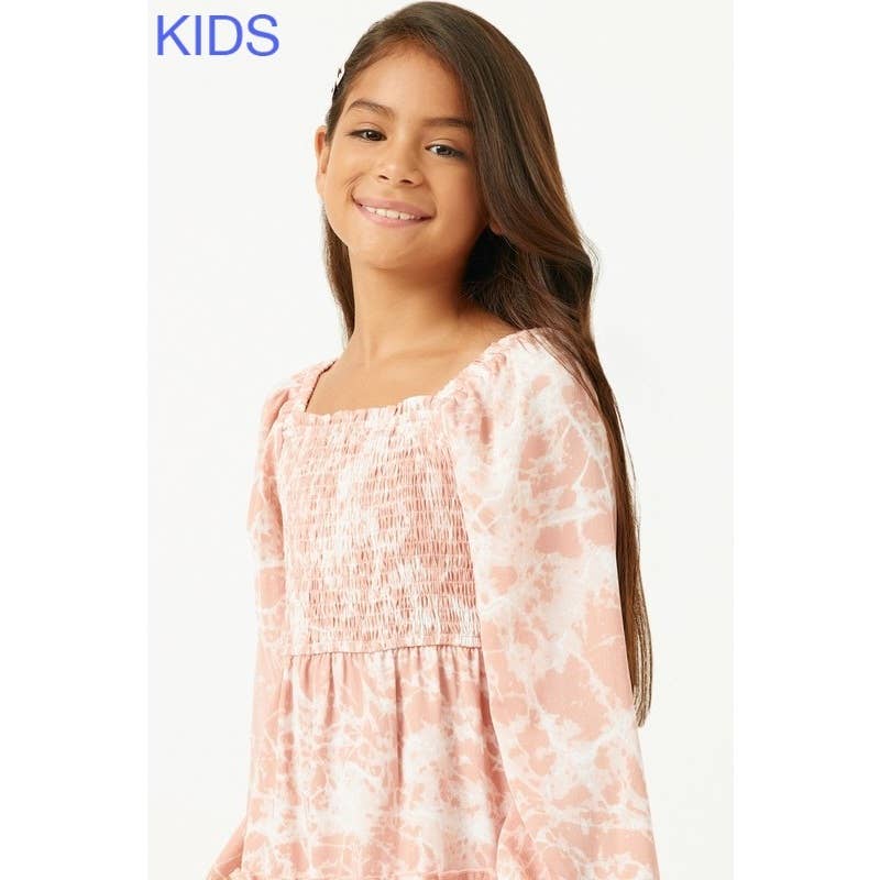 Girls Marble Tie Dye Long Sleeve Ruffled Dress