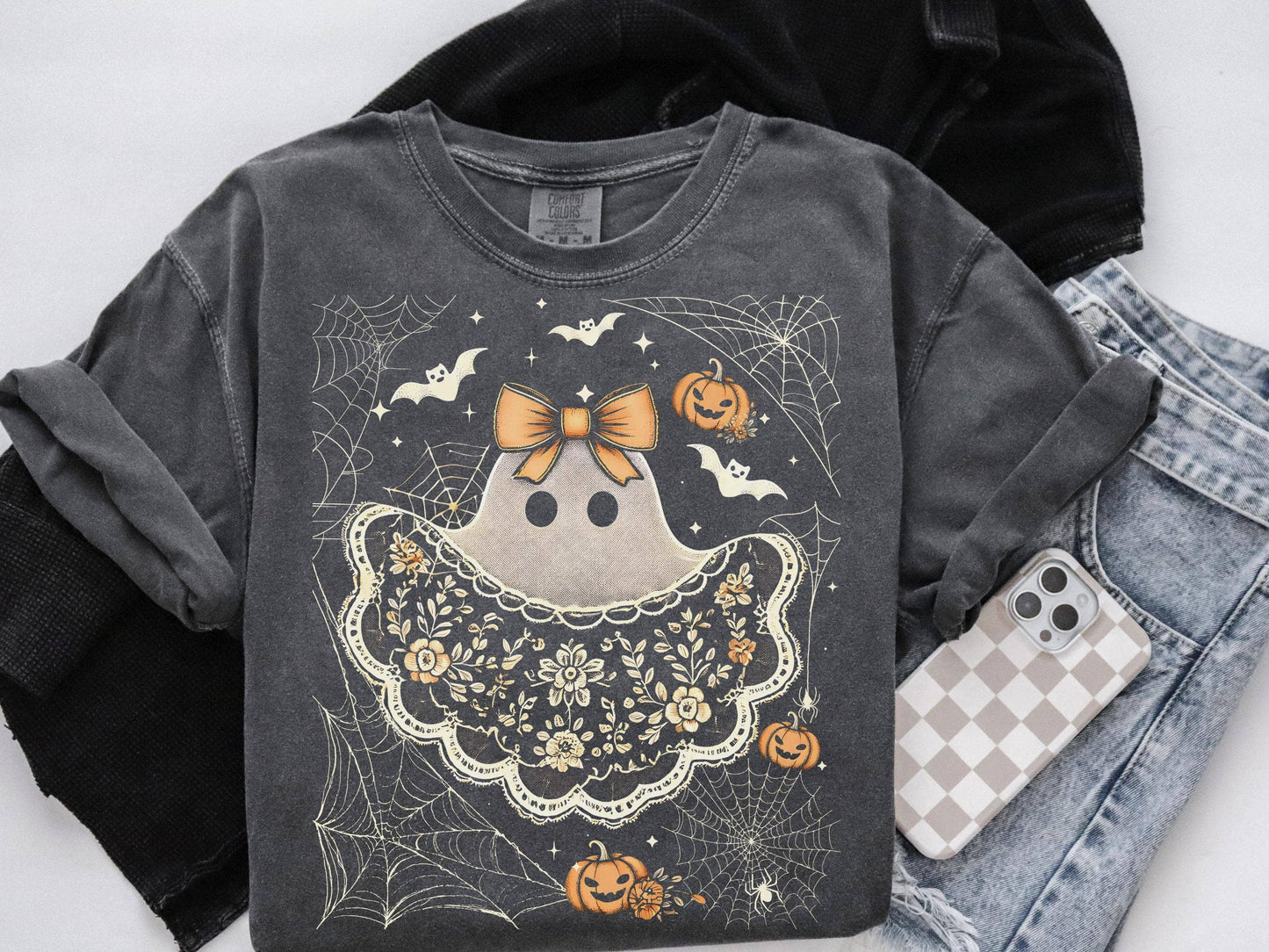 Comfort Colors Lace Ghost Shirt, Halloween Boo Lace Shirt