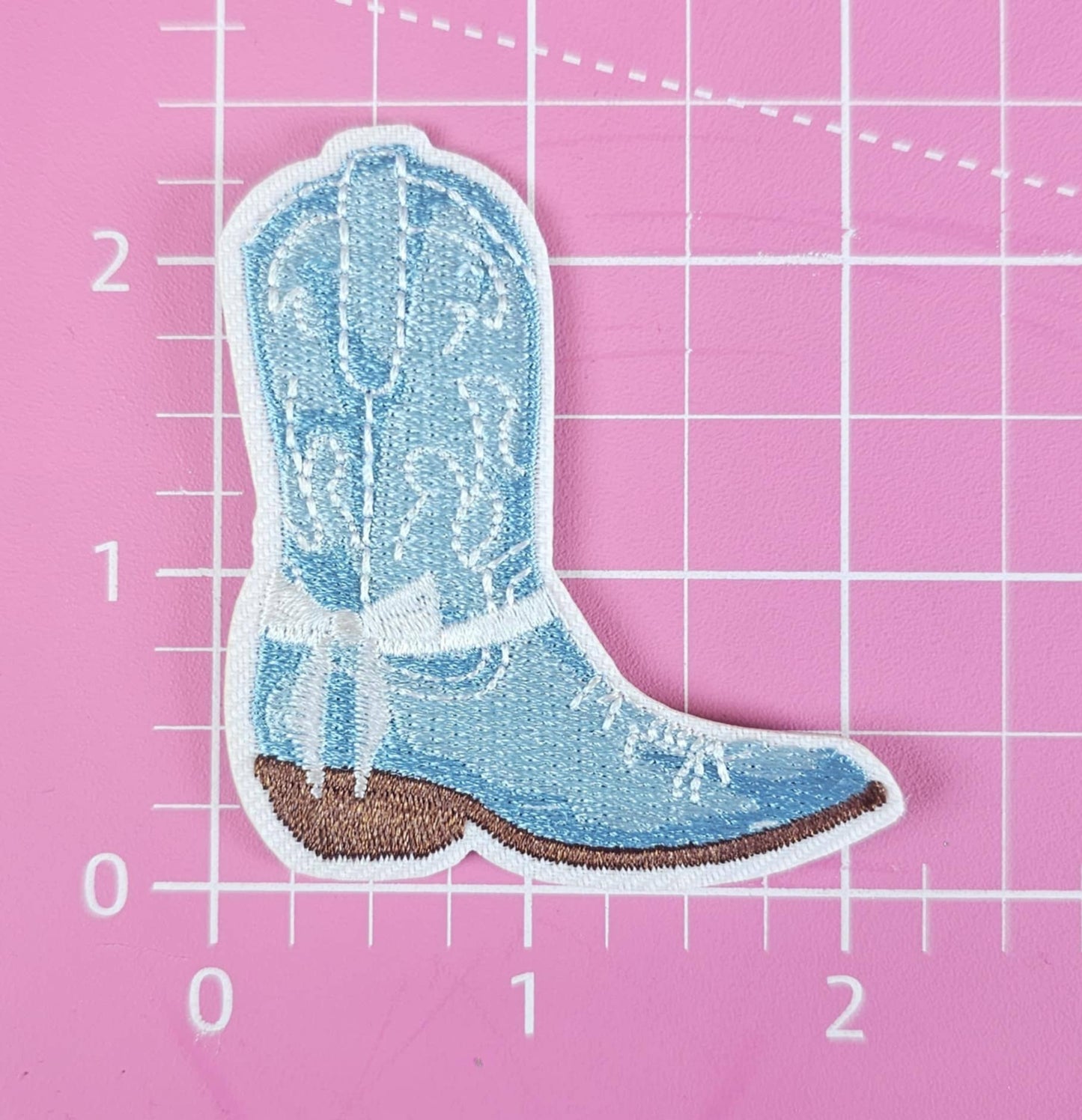 Blue Coastal Cowboy Boot w/ White Bow Iron On Patch