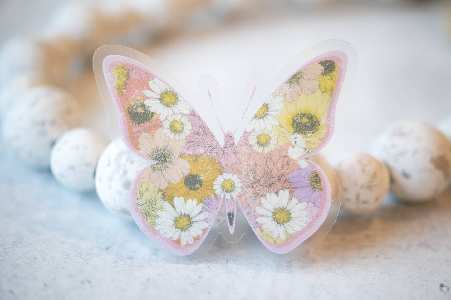 Pink Floral Butterfly Spring, Clear Vinyl , Sticker, 3 in.