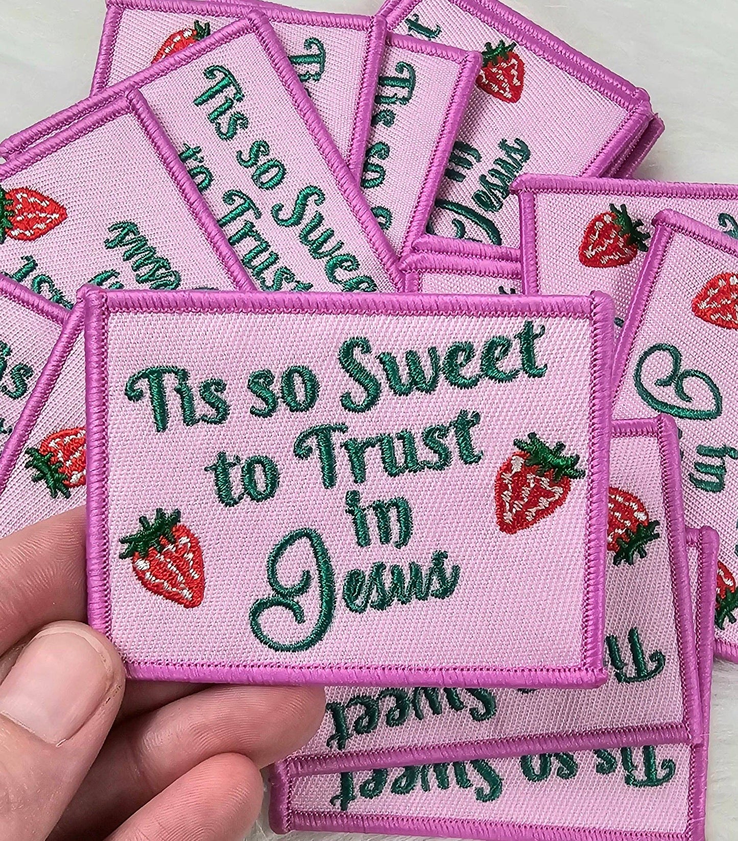 'Tis So Sweet To Trust In Jesus' Strawberry Iron On Patch