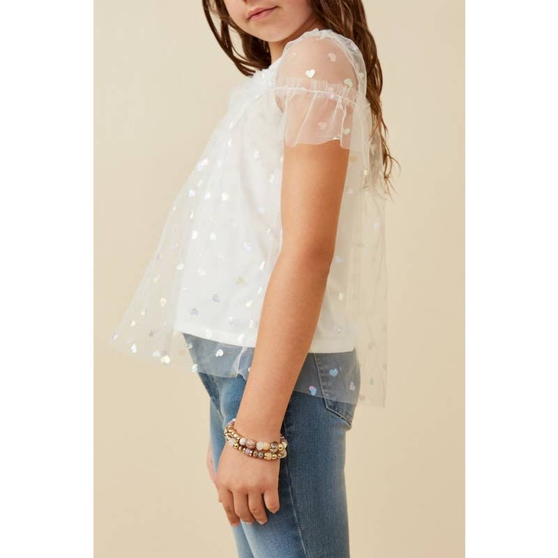 Girls Metallic Heart Foiled Mesh Top