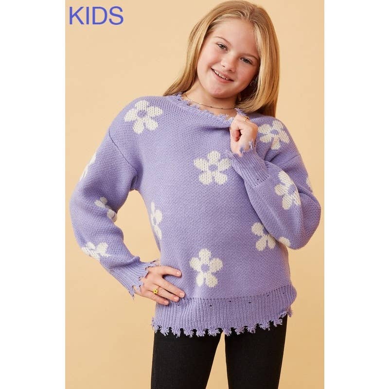 Girls Distressed Floral Patterned Pullover Sweater
