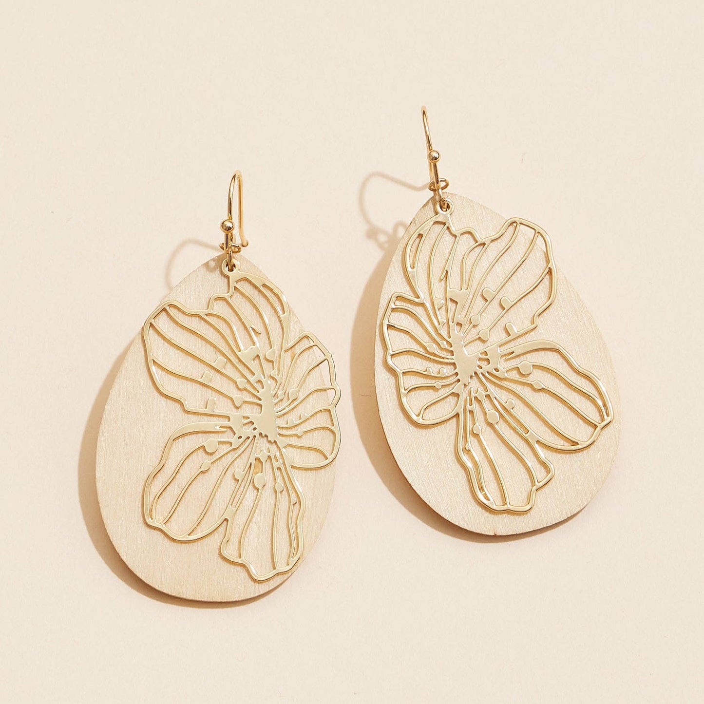 Wood Metal Filigree Oval Dangling Earrings