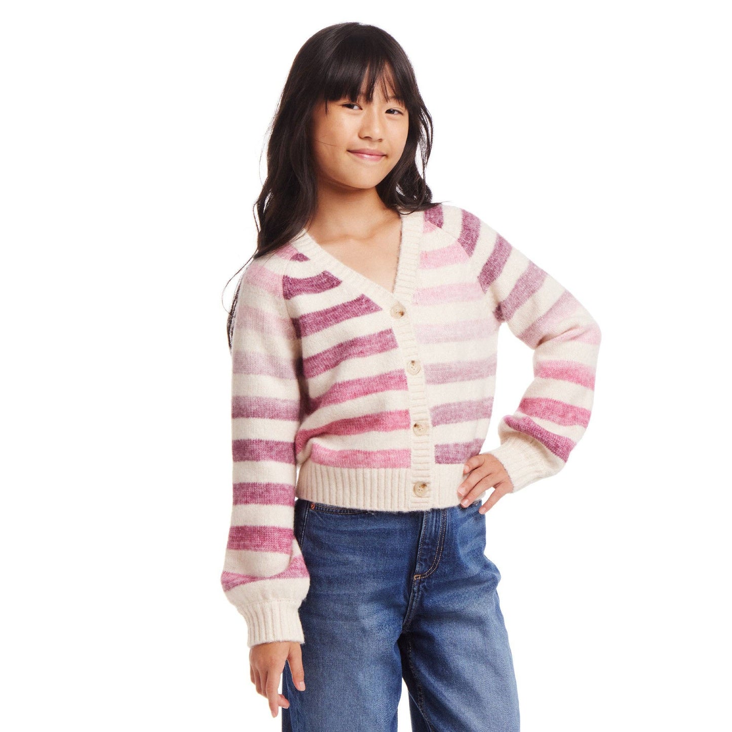 Kids (7-16) Oatmeal/Purple Ombre Stripe Cardigan