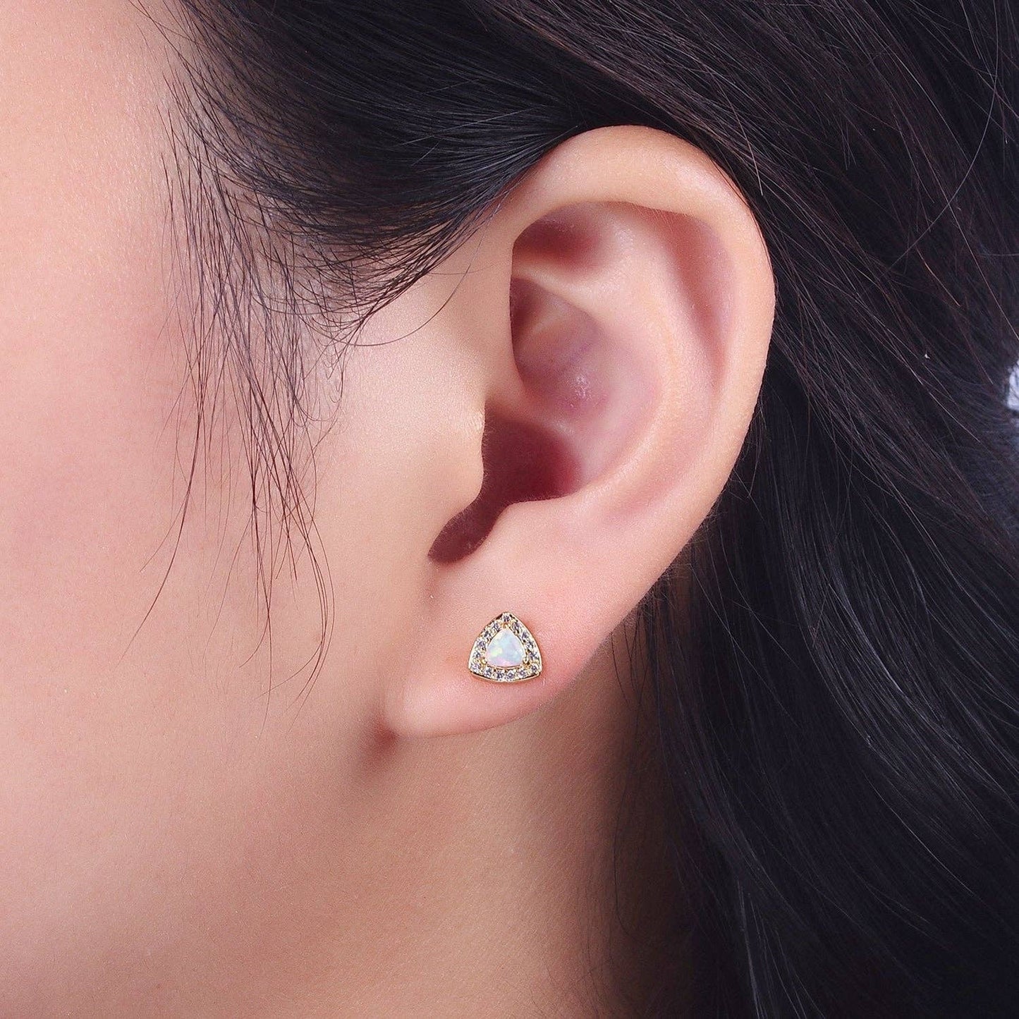 14K Gold Filled White Opal Micro Paved CZ Triangle Stud Earrings