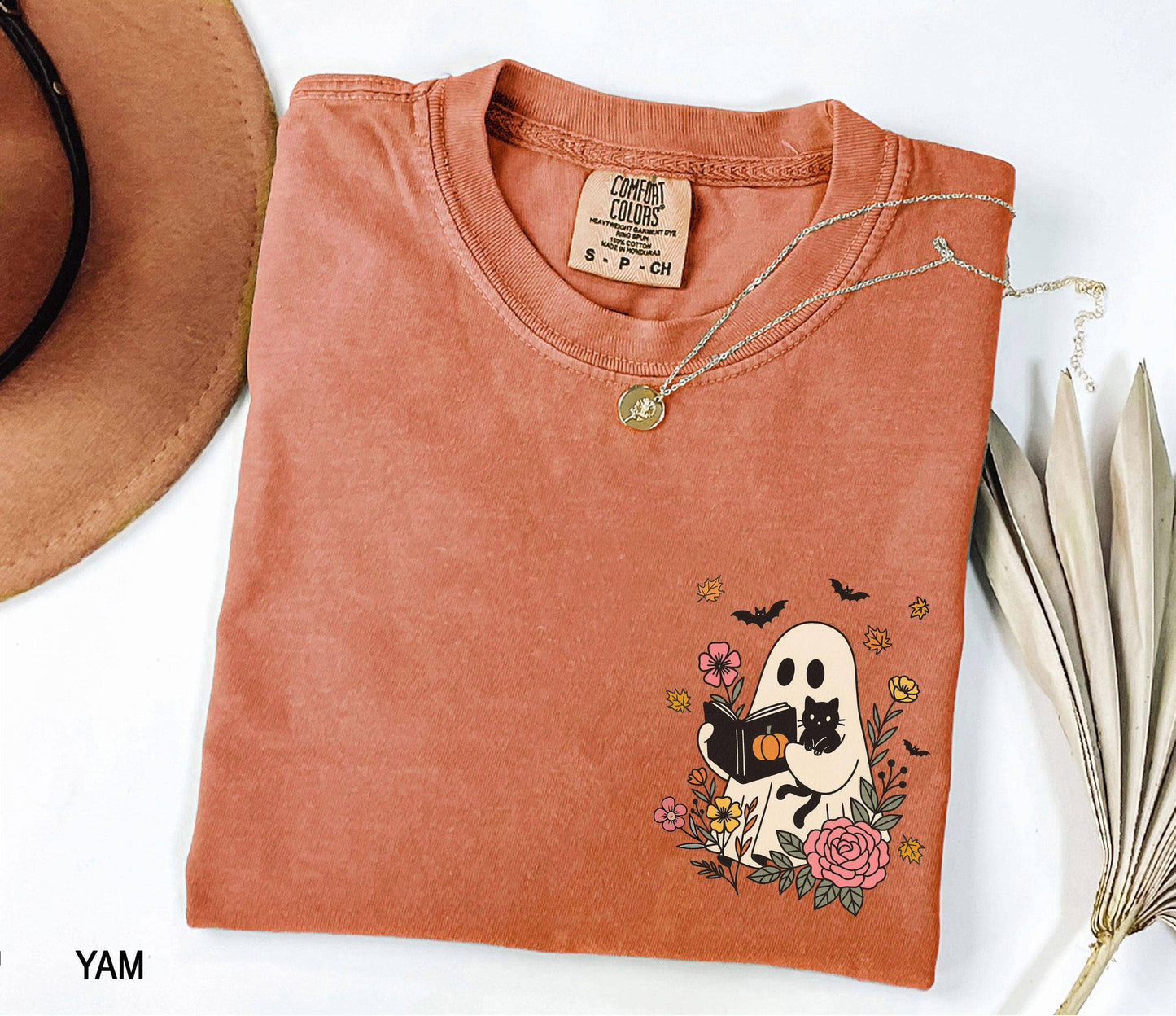 Comfort Colors Floral Ghost Reading Book Shirt,Ghost Cat Tee