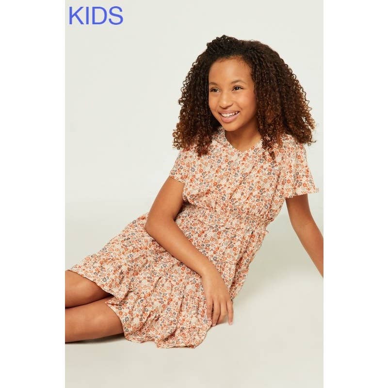 Girls Flutter Sleeve Smocked Waist V Neck Dress