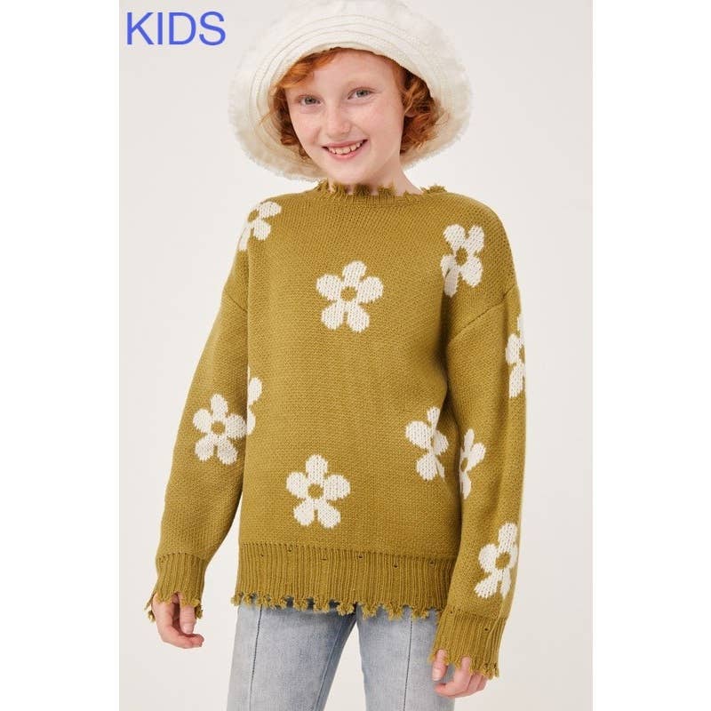 Girls Distressed Floral Patterned Pullover Sweater
