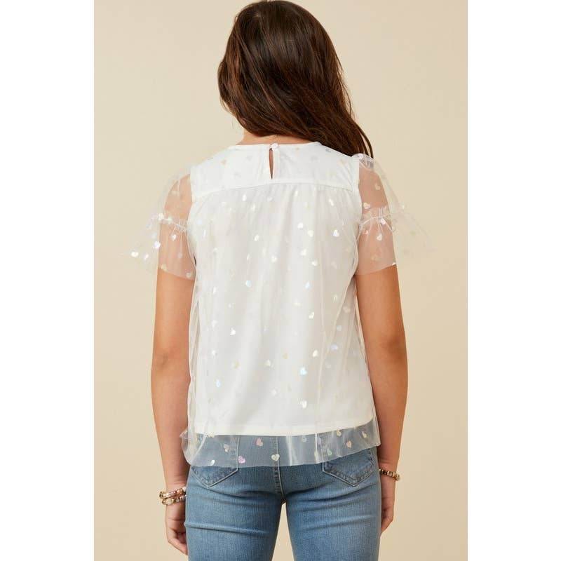 Girls Metallic Heart Foiled Mesh Top