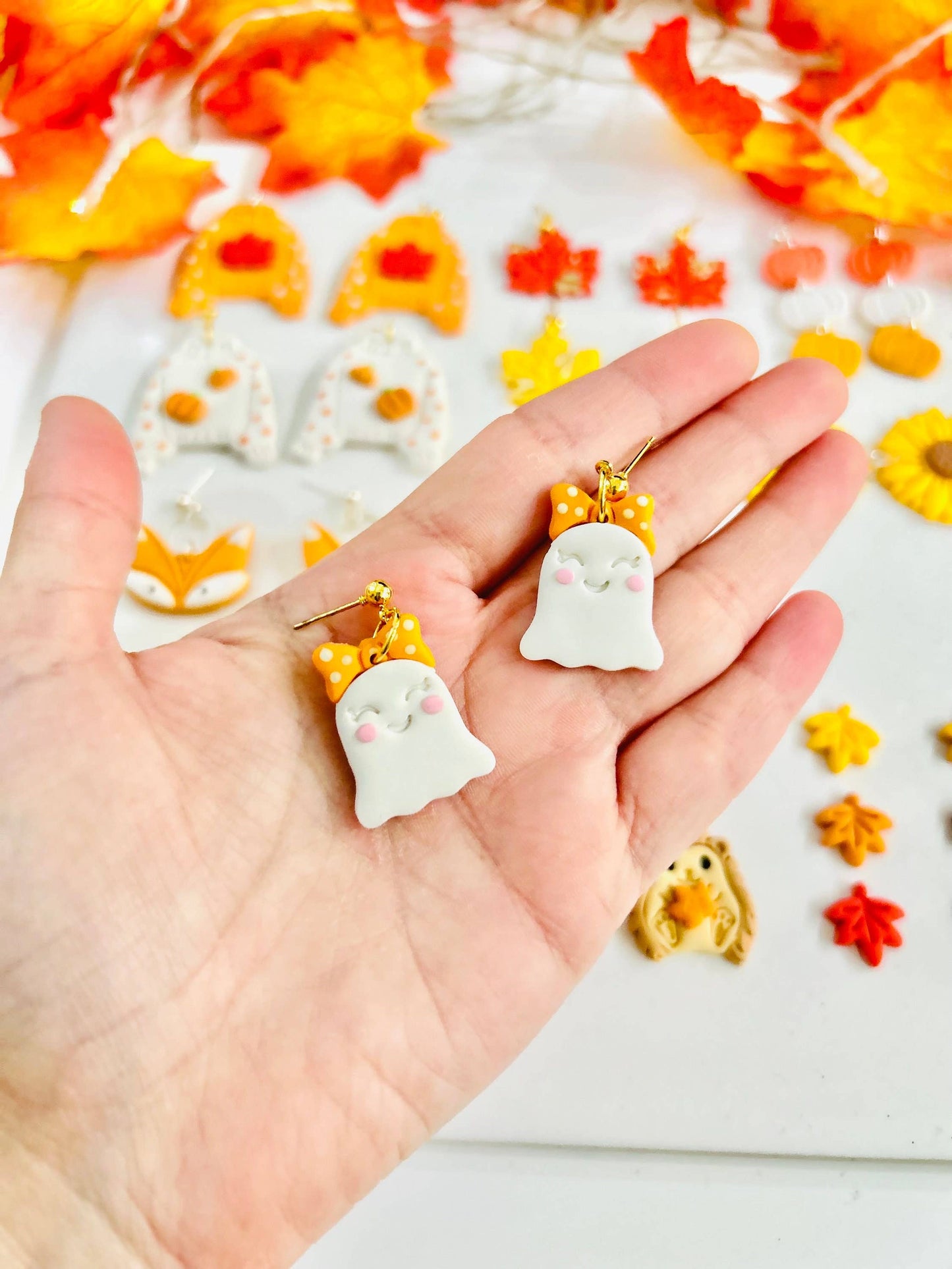 Cute Ghost Bow Dangle Clay Earrings | Halloween Gift Idea