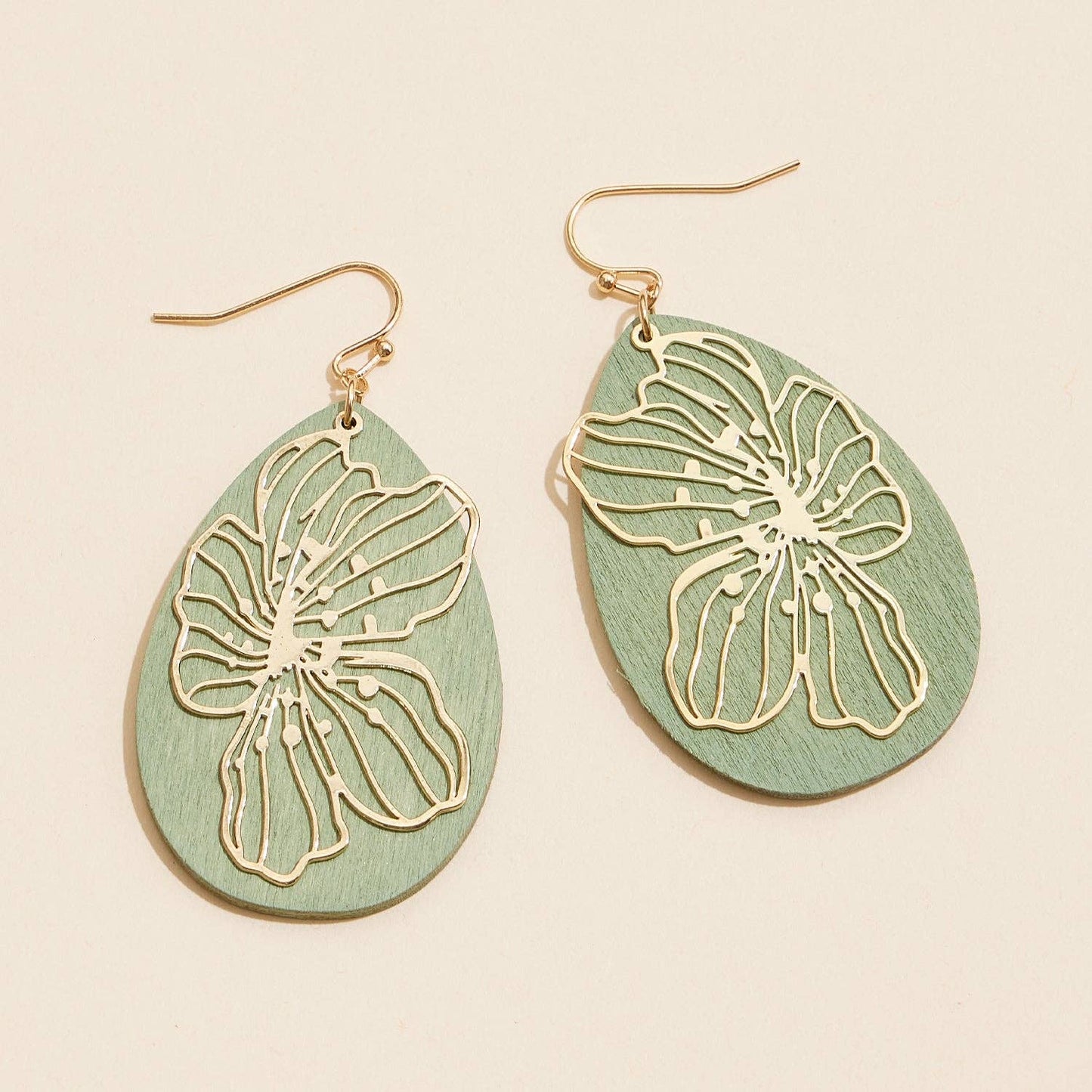 Wood Metal Filigree Oval Dangling Earrings