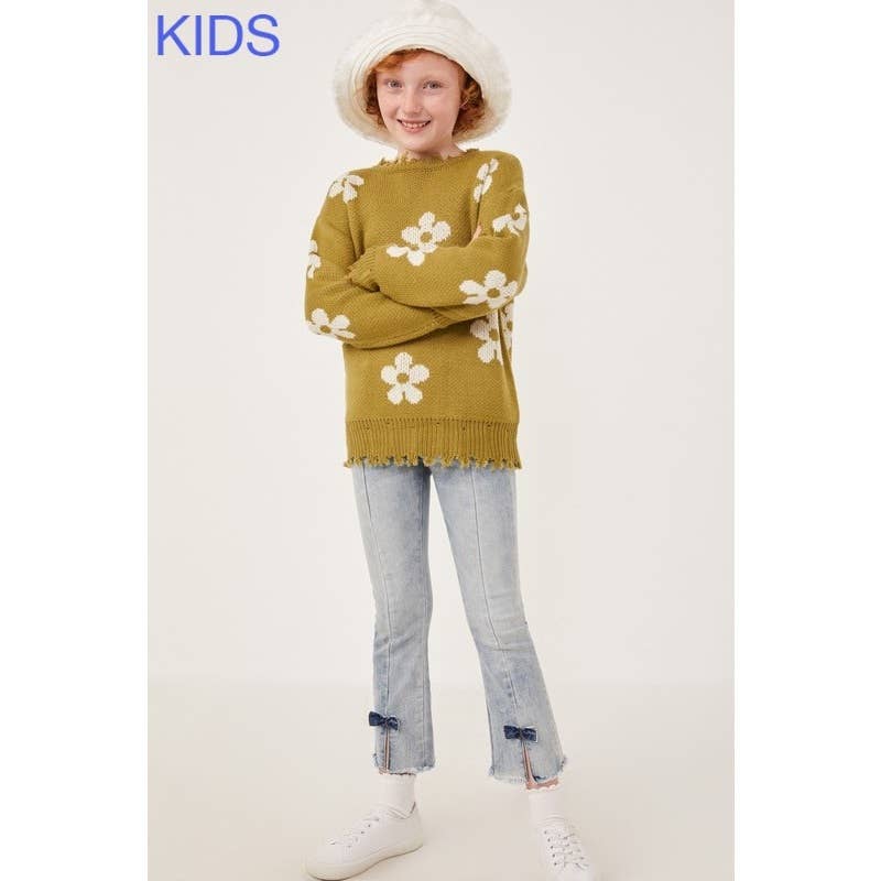 Girls Distressed Floral Patterned Pullover Sweater
