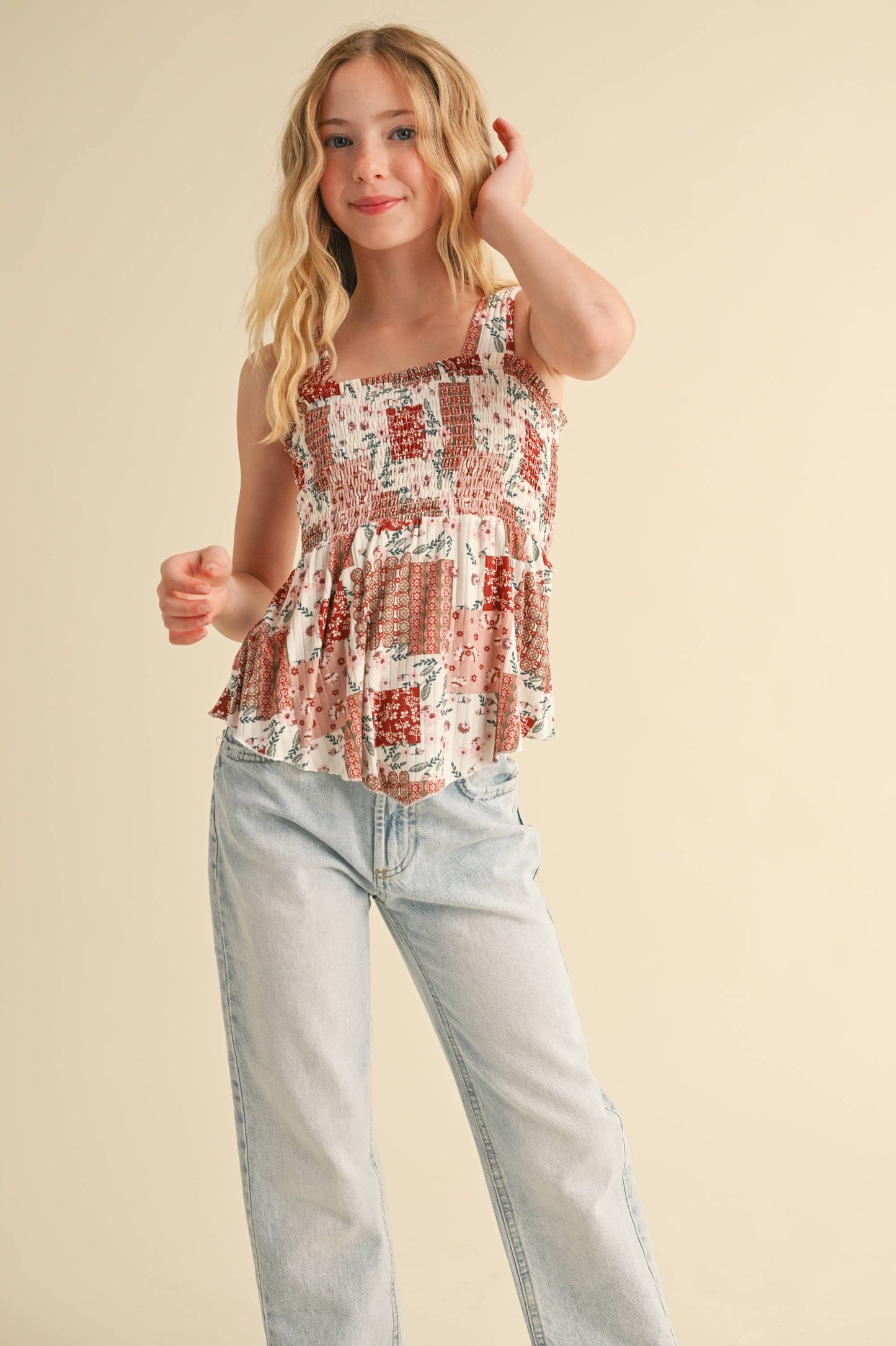 TWEEN GIRLS KIDS WIDE STRAP PEPLUM TANK WITH SMOCKED