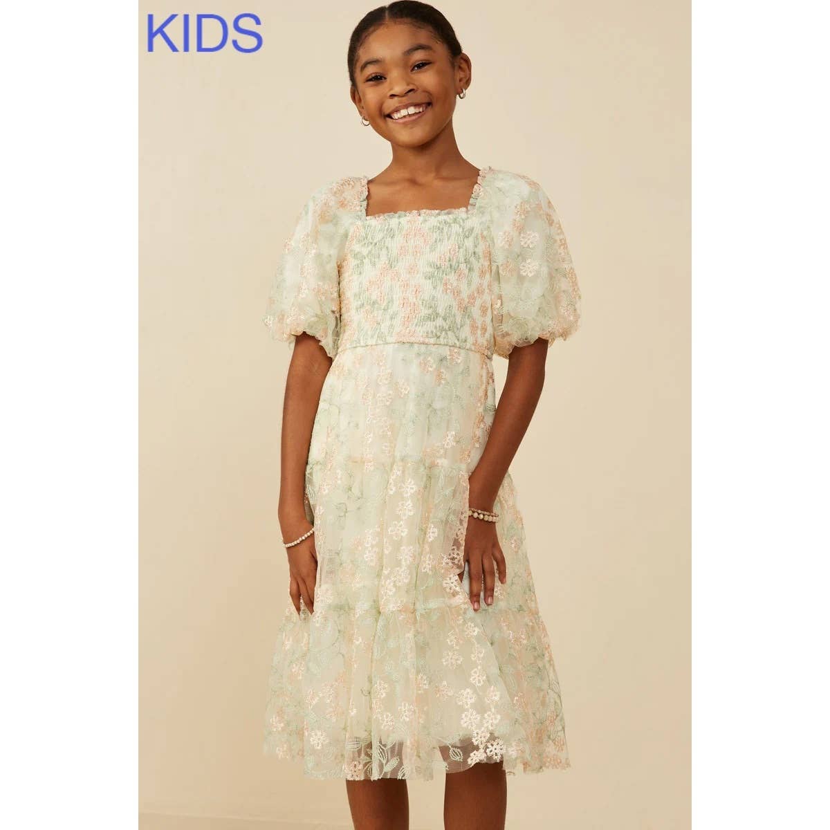 Girls Smocked Floral Mesh Lace Tiered Dress