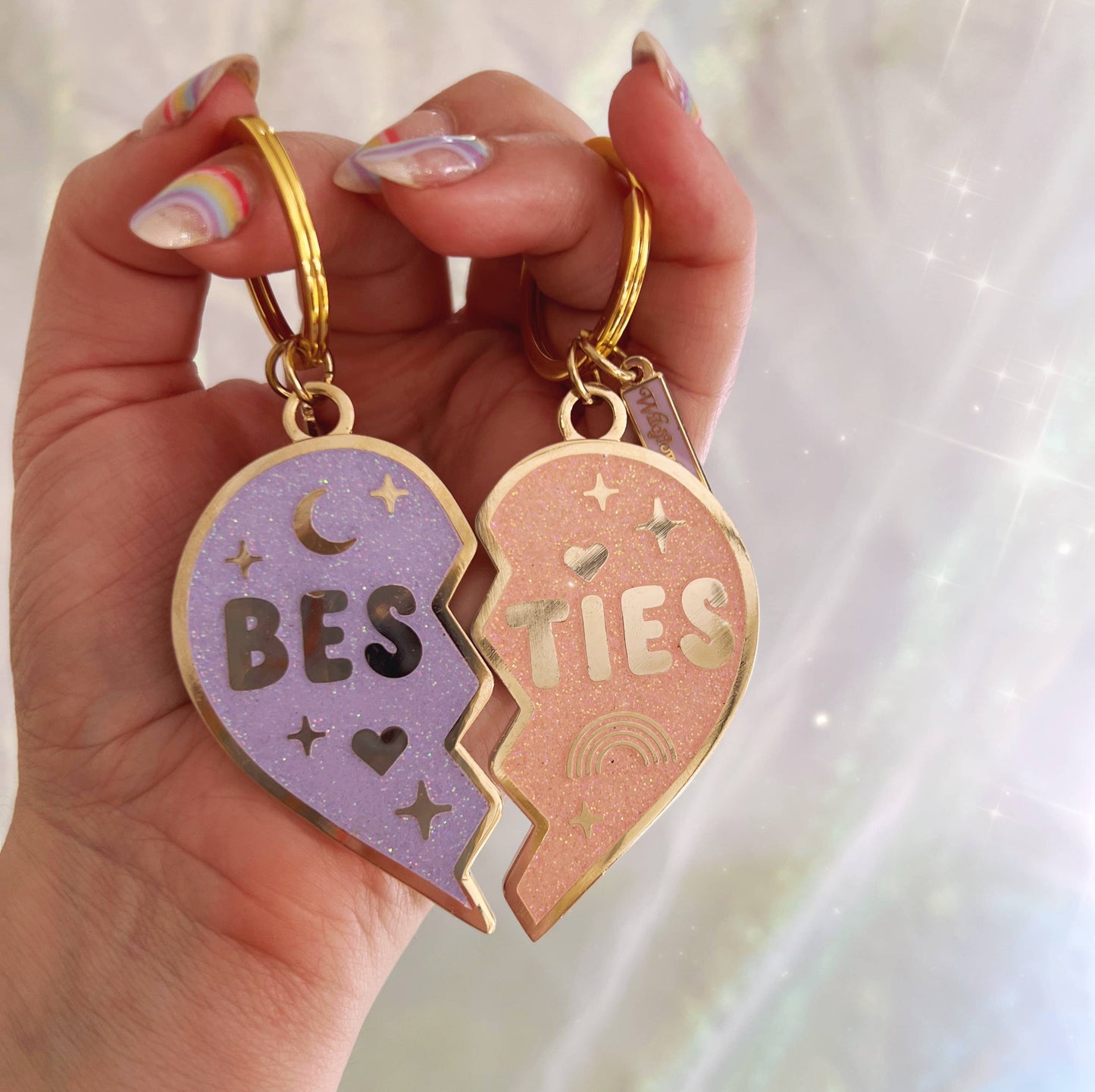 Besties Split Heart Keychain S/2, Pink & Lilac