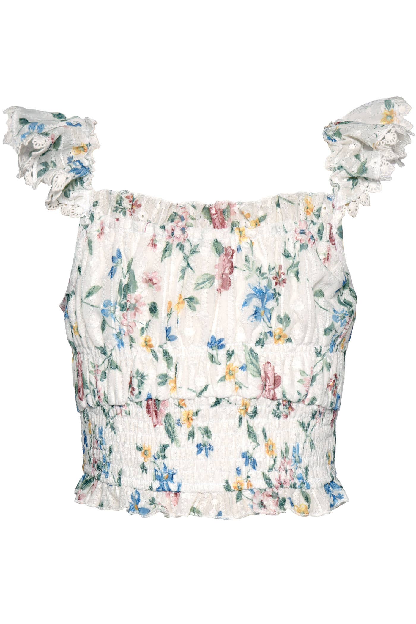 PRINTED CROP TOP WITH SHOULDER RUFFLES
