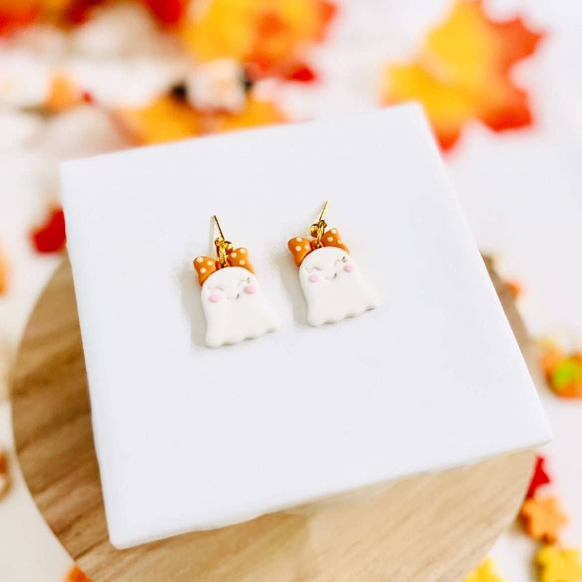 Cute Ghost Bow Dangle Clay Earrings | Halloween Gift Idea