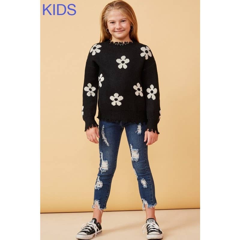 Girls Distressed Floral Patterned Pullover Sweater