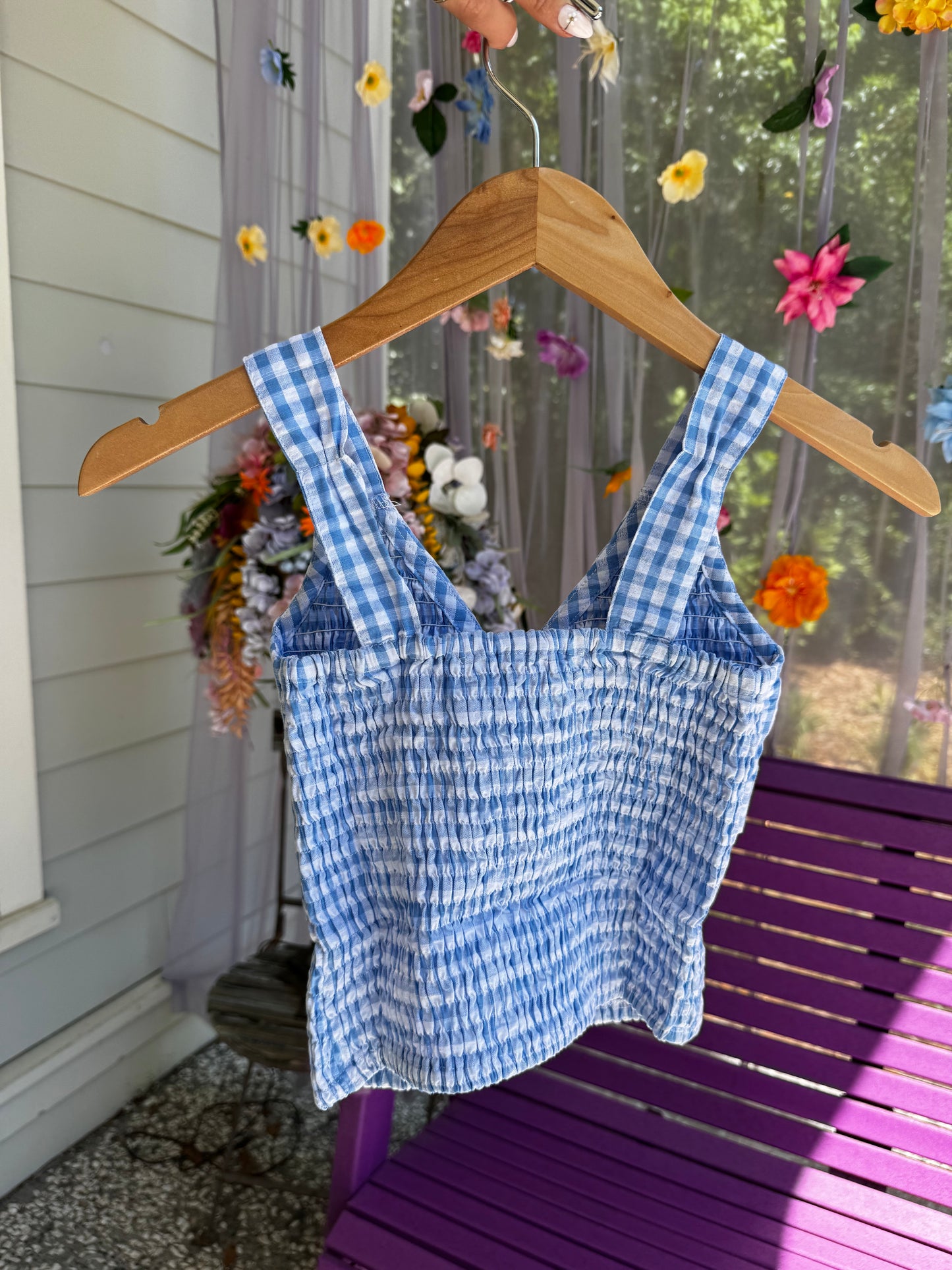 Blue Gingham Tie Smock Top