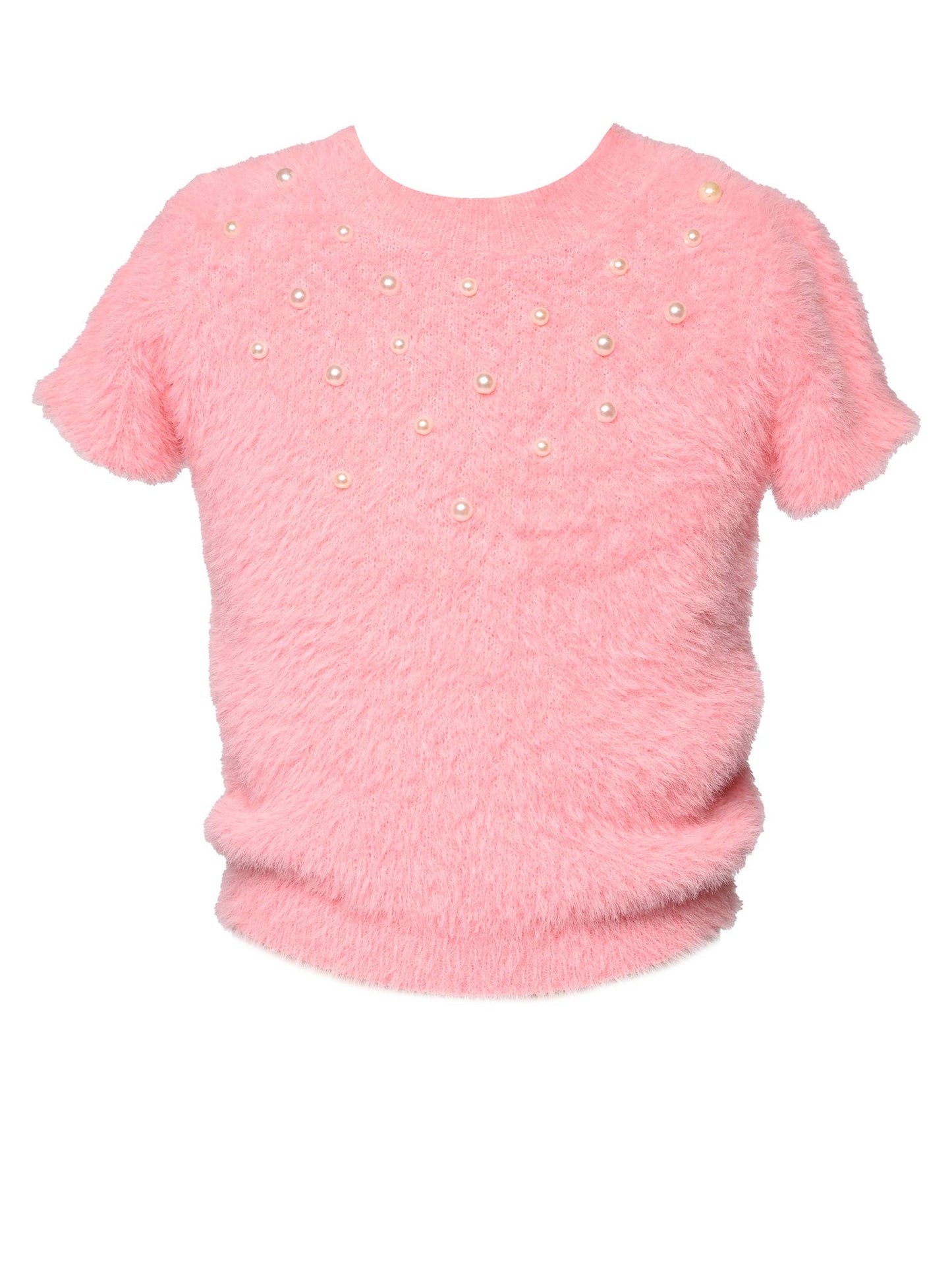 S/S FUZZY SWEATER WITH PEARLS