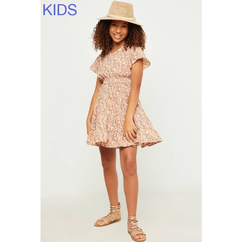 Girls Flutter Sleeve Smocked Waist V Neck Dress