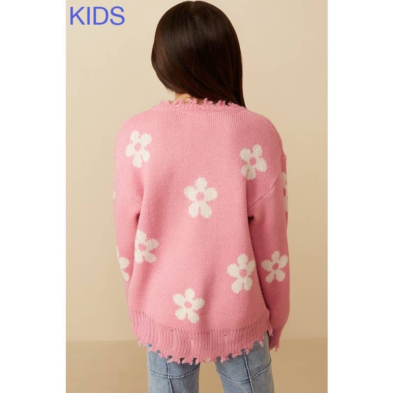 Girls Distressed Floral Patterned Pullover Sweater