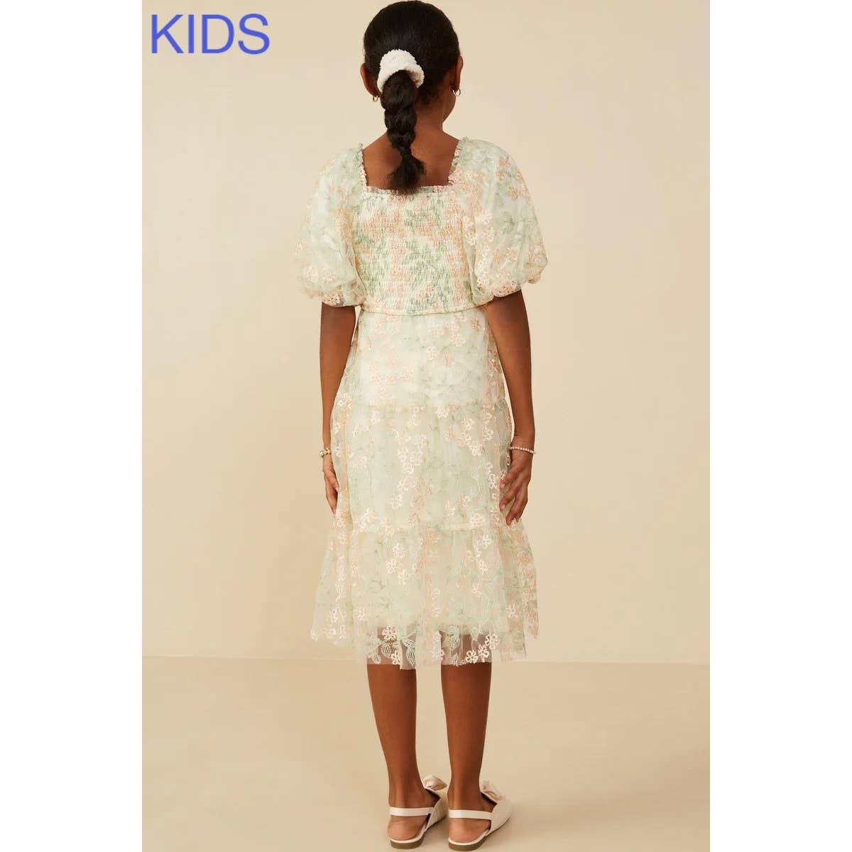 Girls Smocked Floral Mesh Lace Tiered Dress