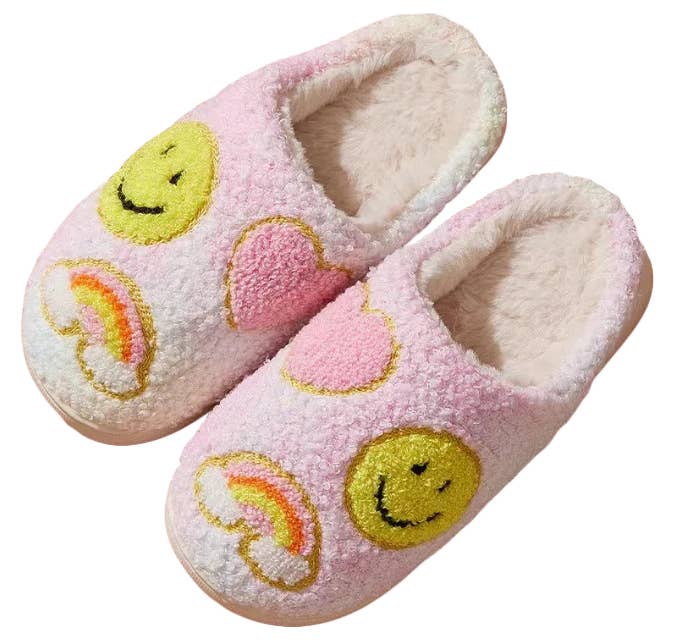 Girls Pastel Rainbow Smiley Fuzzy Slippers for Kids