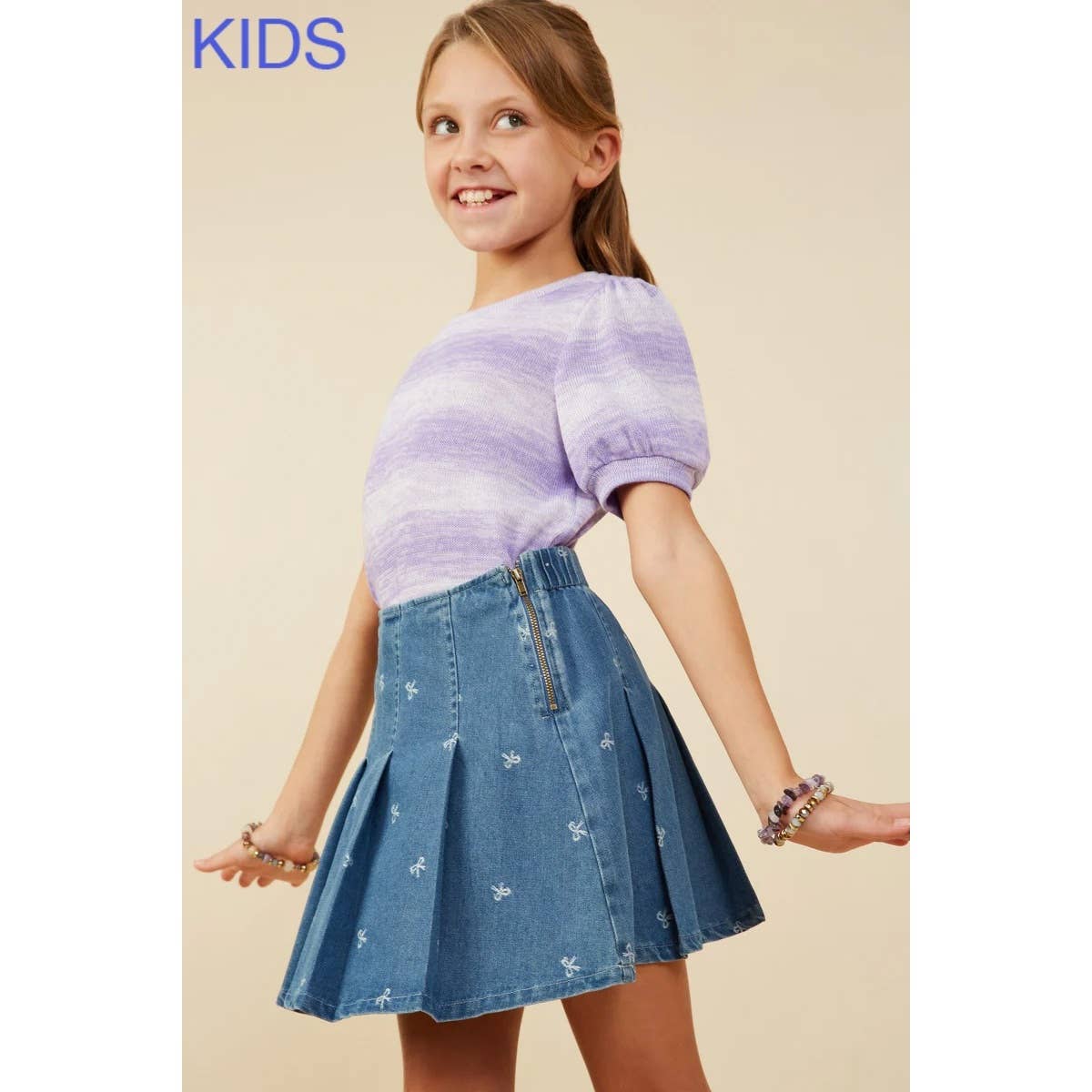 Girls Bow Printed Pleated Denim Skirt
