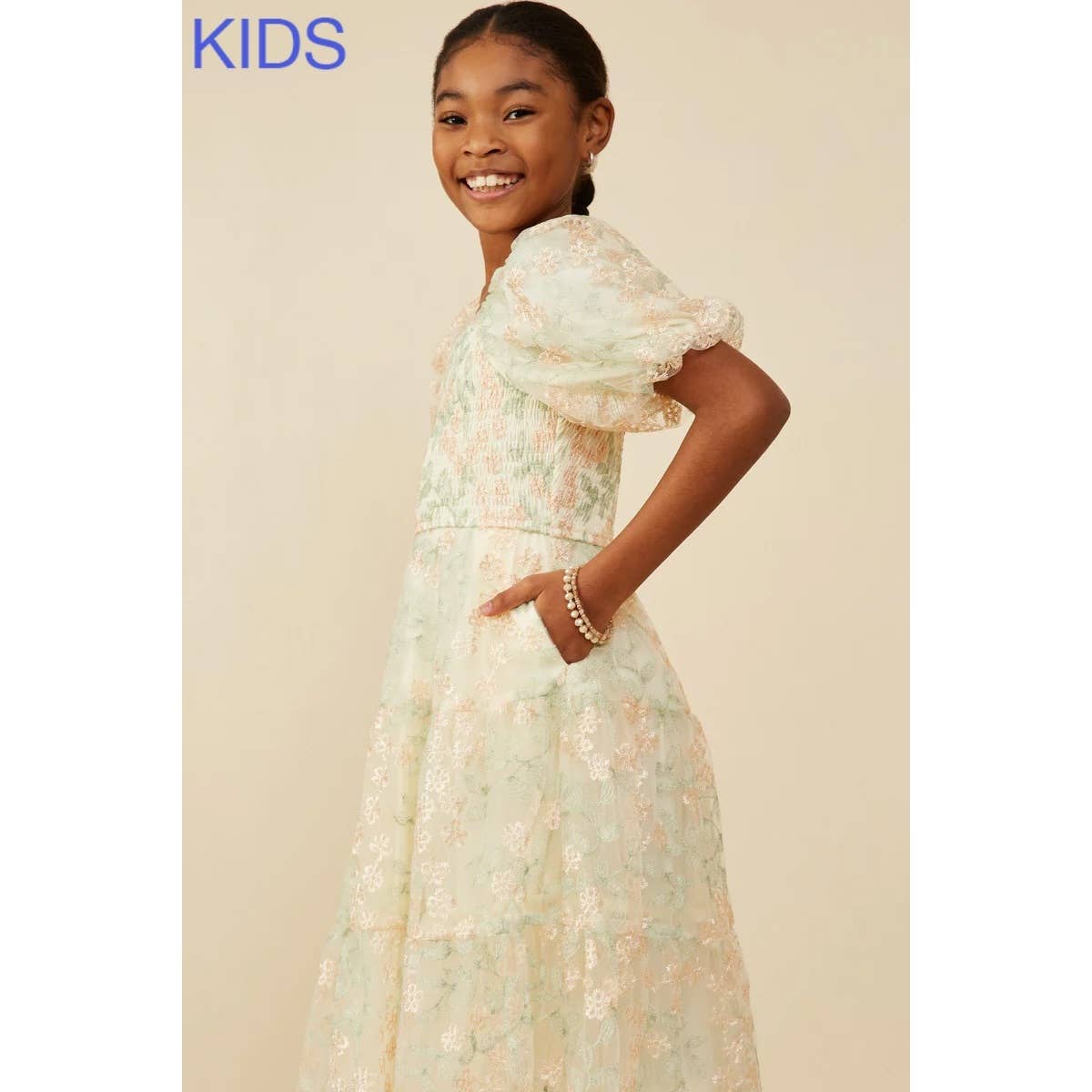 Girls Smocked Floral Mesh Lace Tiered Dress