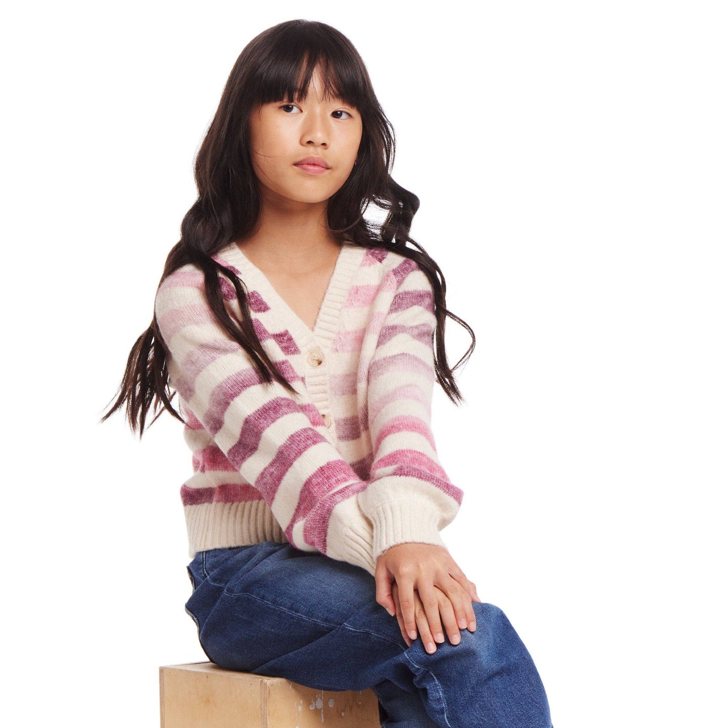 Kids (7-16) Oatmeal/Purple Ombre Stripe Cardigan