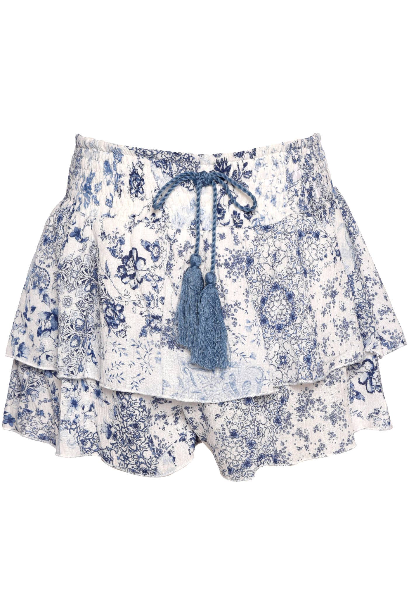 PRINTED TIERED SKORT WITH TASSEL