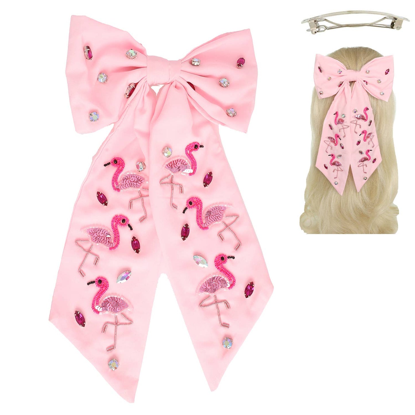 Pink Flamingo Jeweled Bow Barrette Hair Clip