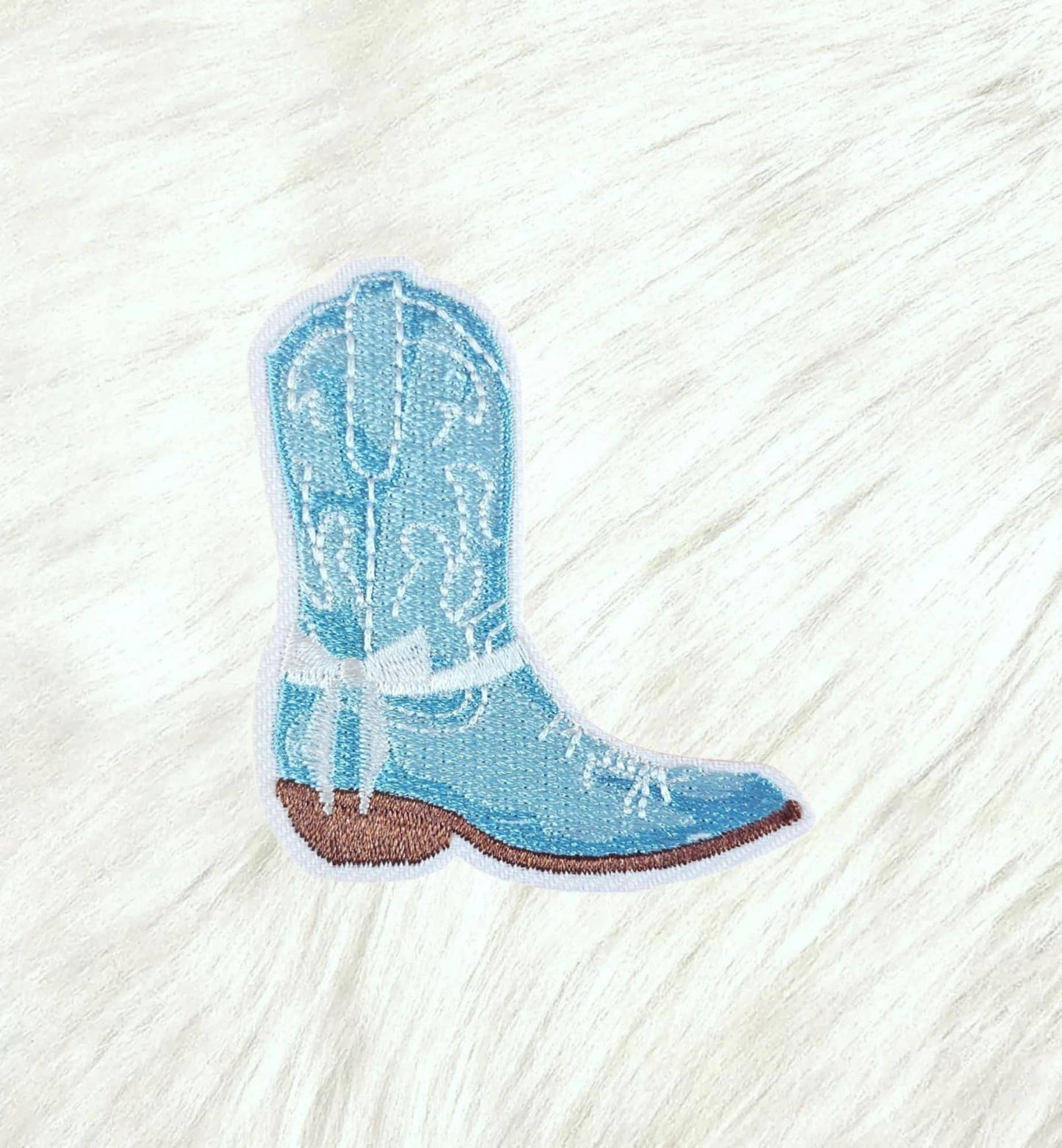 Blue Coastal Cowboy Boot w/ White Bow Iron On Patch
