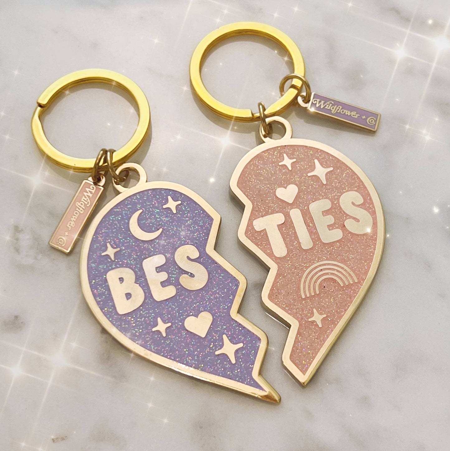 Besties Split Heart Keychain S/2, Pink & Lilac